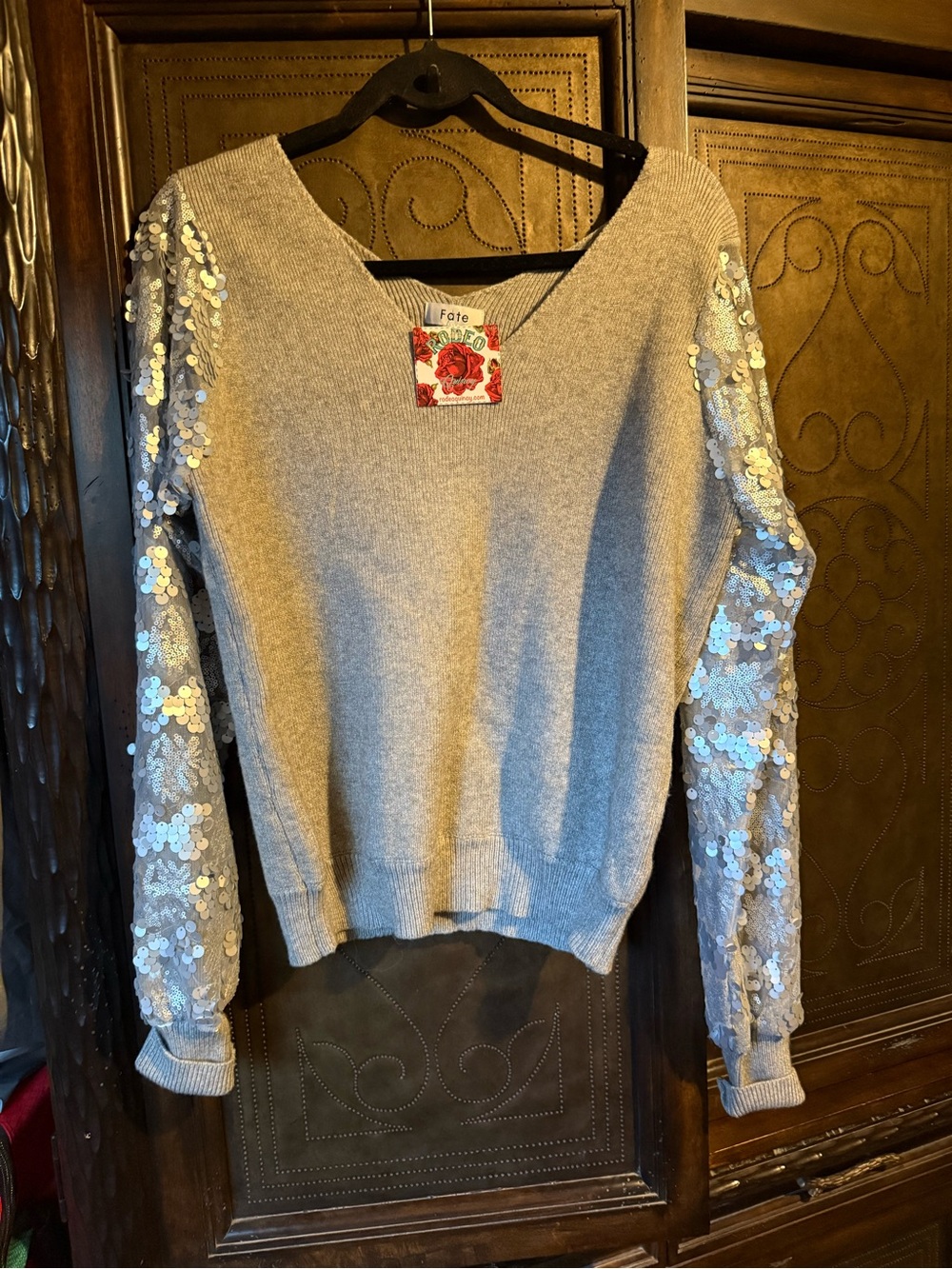 Fate Silver-Gray Scoop Neck Sweater with Sequin Sleeves by Rodeo Quincy